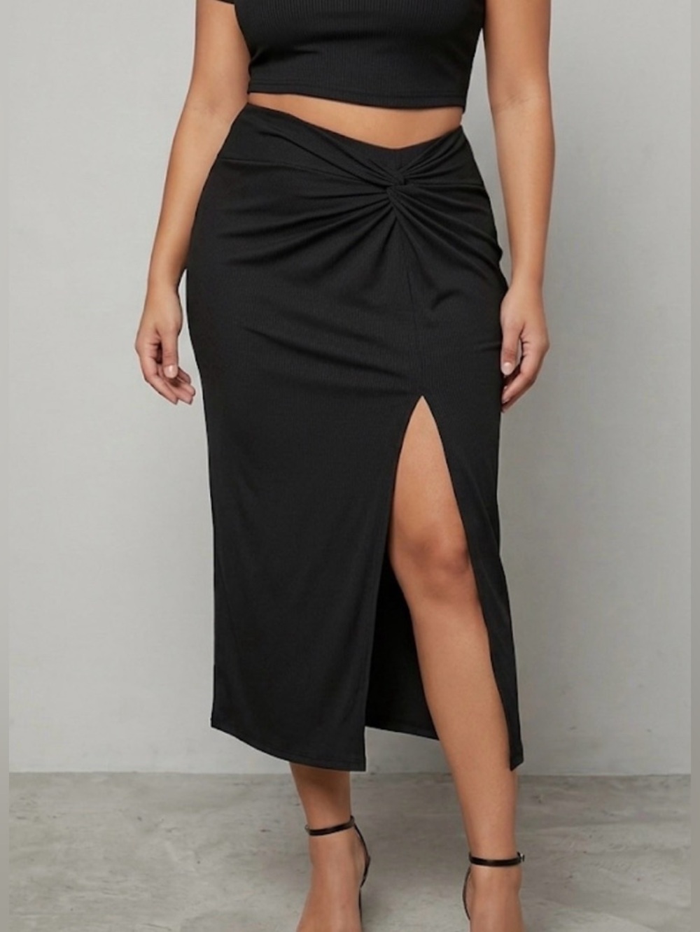 Black High Waisted Ribbed Twist Midi Skirt With Leg Slit